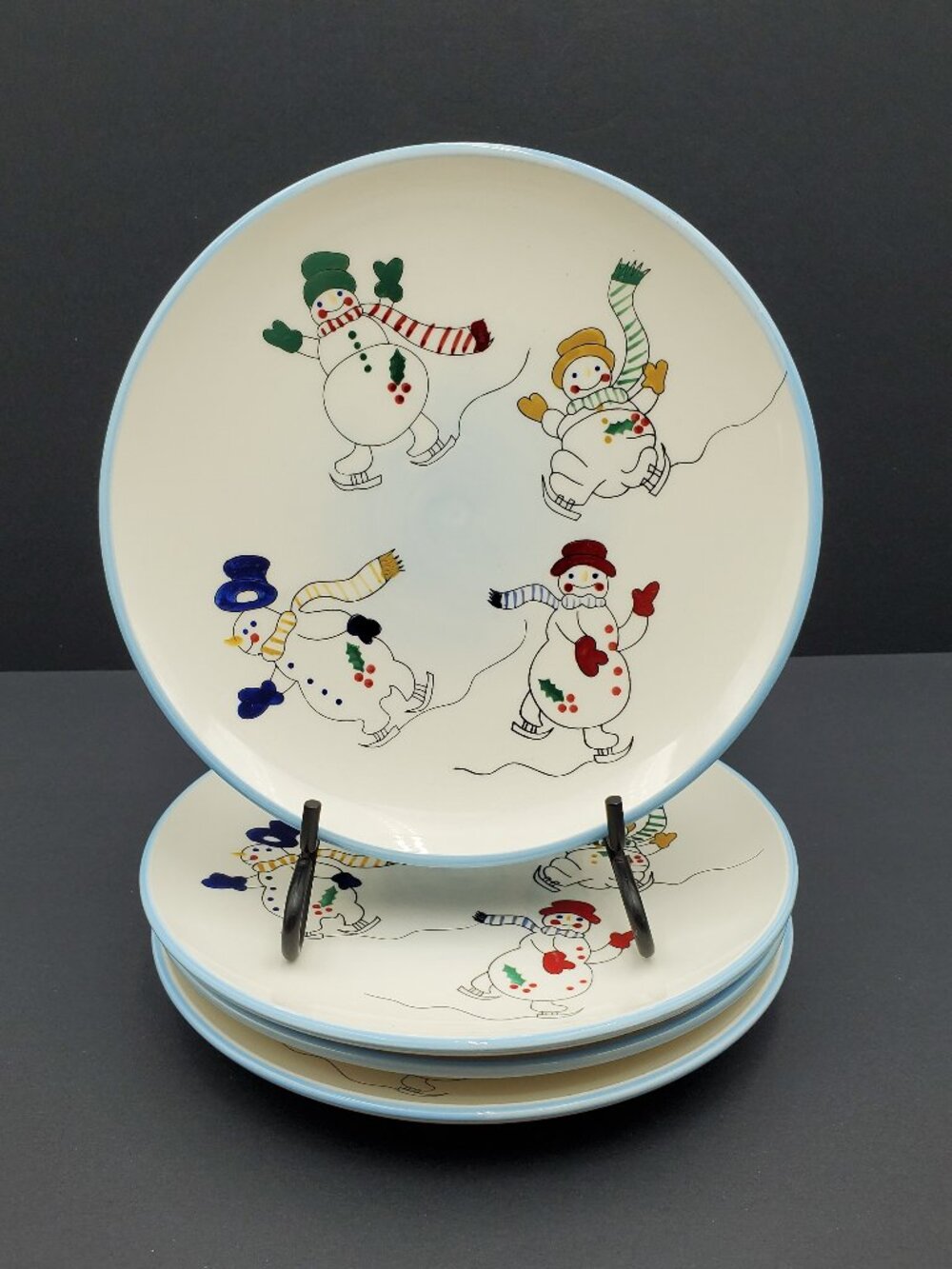 Temp-tations Snowman Salad Dessert Plates Skating Snowmen Holiday Plates